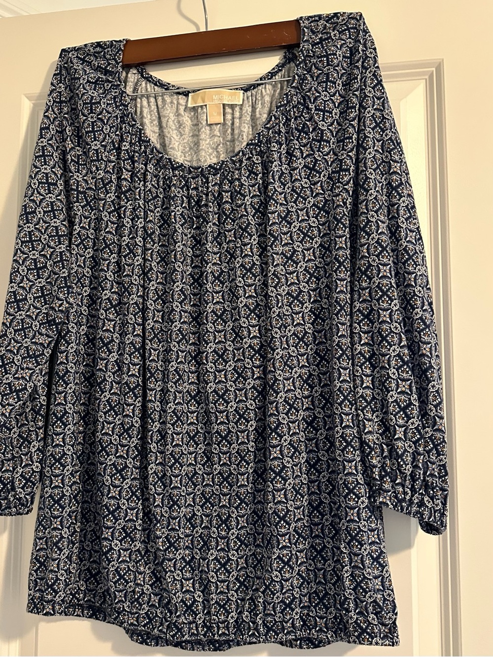 Michael Kors Navy and White Printed Scoop Neck Blouse